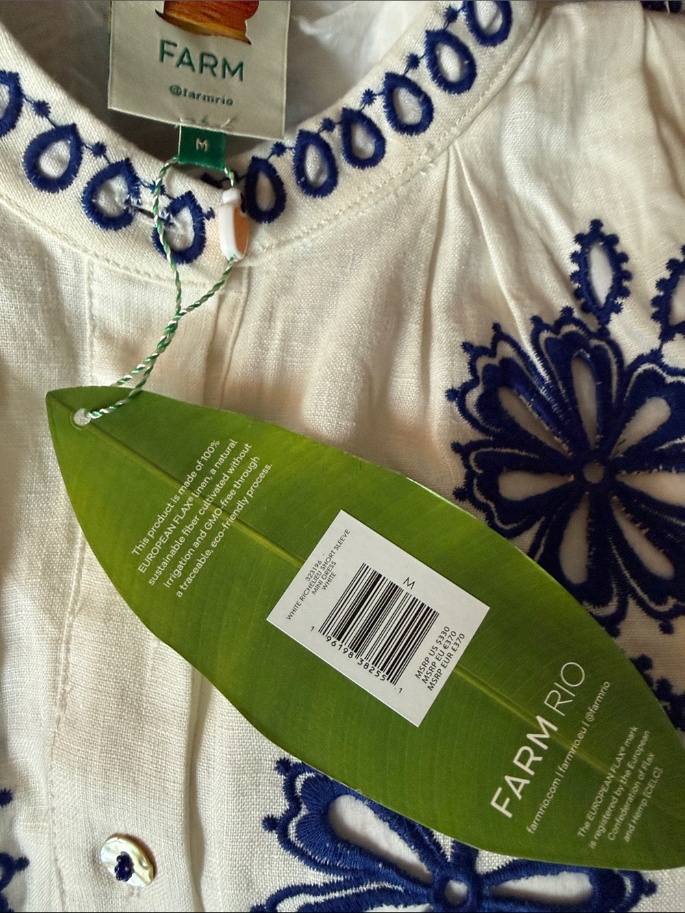 FARM Rio- Embroidered Puff-Sleeve Linen Mini Dress in White and Blue - Picture 4 of 4
